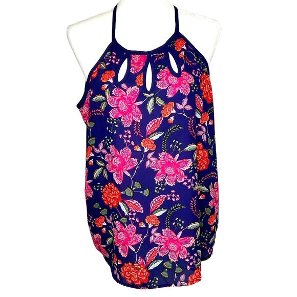 Papermoon Walita Navy Pink Floral Cutout Detail Halter Top Blouse - Picture 1 of 7